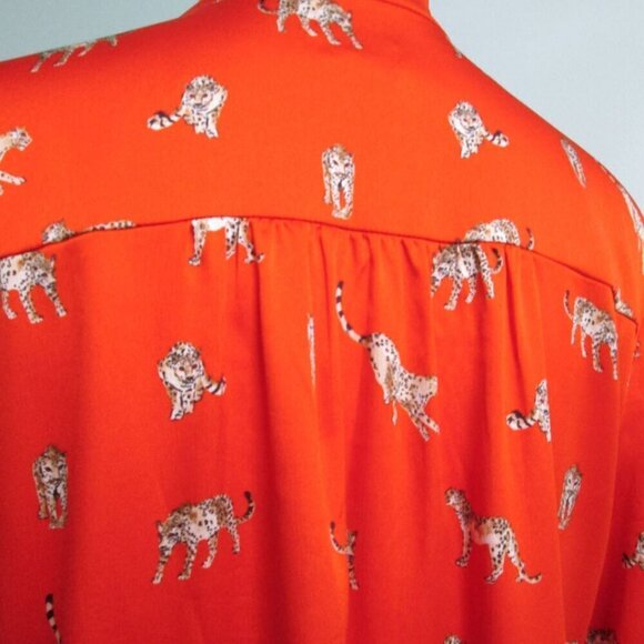 Nwot Leopard-Print Ruffle-Neck Long Sleeve Blouse-Reddish Orange-1P/8 - Picture 4 of 16